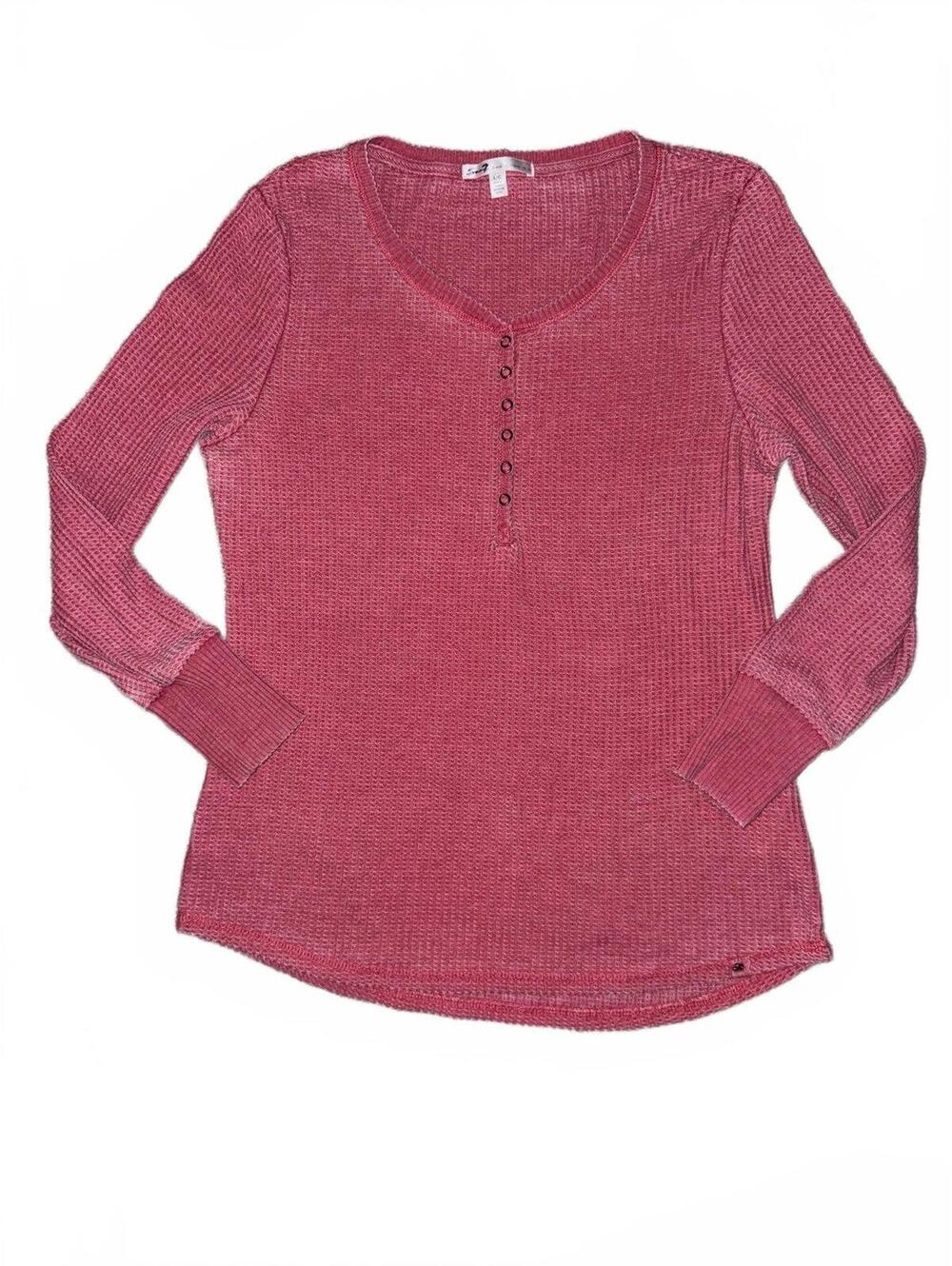 Seven women’s  pink long sleeve waffle knit Henley shirt Sz L Barbie camp layer